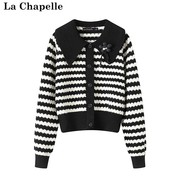 拉夏贝尔/La Chapelle秋冬娃娃领设计感条纹毛衣外套显瘦针织衫女