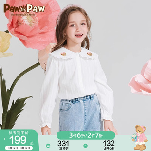 pawinpaw卡通小熊童装24年春季女童纯棉洋气娃娃，领长袖衬衫