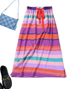 唯美的波西米亚度假风!彩色，条纹高品质真丝，半身裙女桑蚕丝长裙
