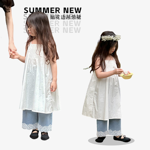 韩版儿童刺绣吊带连衣裙2024夏装洋气时尚连衣裙女童花边夏季裙子