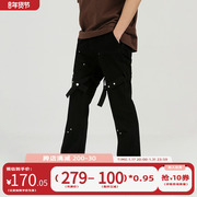 PASET潮流工装复古绑带设计微喇叭机能美式黑色牛仔裤男加绒裤子