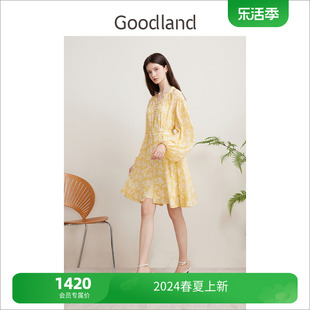 Goodland美地2024春夏系列法式黄色印花真丝连衣裙a字短款
