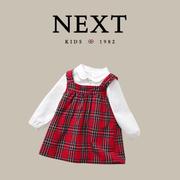 英国next女宝宝长袖衬衫，红色英伦风格子，背带裙套装儿童洋气两件套