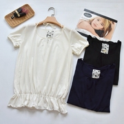 夏季日系甜美针织棉短袖T恤 纯色简约显瘦荷叶边半袖打底衫