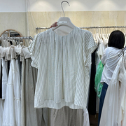 十三行女装2024夏款韩版小众竖条纹衬衣蝴蝶结系带垂感短袖上衣