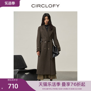 CIRCLOFY瑟夕 PU拼接袖袢双排扣羊毛大衣女中长款冬装毛呢外套