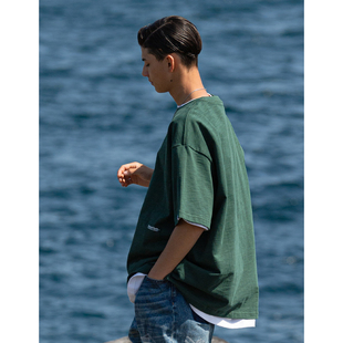 RESTICK 竹节棉重磅t恤男夏季宽松美式复古透气绿色短袖大码纯棉