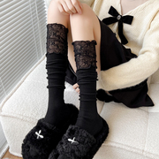 秋冬黑色过膝袜高筒大腿袜蕾丝花边中筒袜堆堆袜小腿袜白色长筒袜