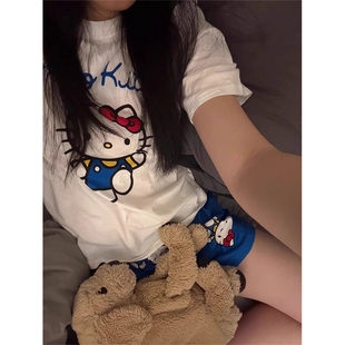 可爱HelloKitty印花短袖睡衣女春夏款新款T恤短裤大码家居服套装
