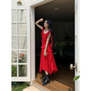 左佳琪荷叶边波点连衣裙女2024夏季韩版气质显瘦红色长裙女