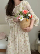 韩国chic春季法式优雅褶皱感高腰显瘦中长款碎花雪纺连衣裙女