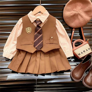 韩版女童学院风套装春秋季英伦风马甲+条纹衬衫+百褶裙三件套