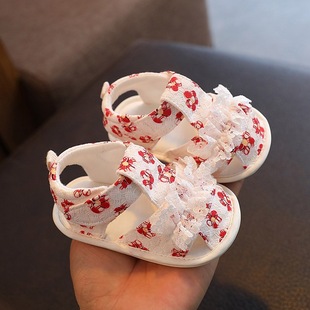 夏季婴儿宝宝蕾丝公主凉鞋0-1岁学步鞋新生儿百天周岁布鞋不掉鞋