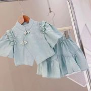女童连衣裙夏季中国风盘扣荷叶，裙两件套女宝宝，短袖短裙汉服套装