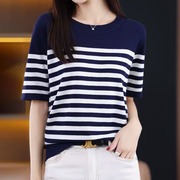 圆领蓝白条纹T恤女短袖夏季薄海军风体恤圆领针织打底衫上衣