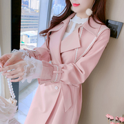 粉色风衣女秋季2024韩版小个子收腰中长款气质小香风外套大衣