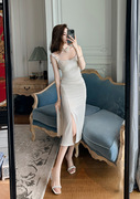 优雅气质礼服裙子，2024夏季女装法式方领吊带缎面连衣裙9609