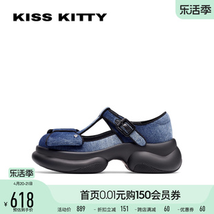 KISSKITTY2024春季法式复古蝴蝶结JK玛丽珍鞋厚底T字带单鞋