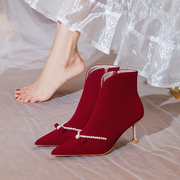 红色靴子女夏季婚鞋秀禾中式新娘加绒蝴蝶结，高跟鞋短靴细跟结婚鞋