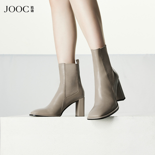 经典系列JOOC玖诗方头短靴女粗高跟胎牛皮弹力切尔西靴子6288