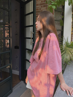 lilcher粉色纯棉短袖，t恤女夏季大版宽松休闲韩版中长款半袖上衣