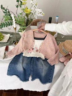 女童2024春夏季套装甜美可爱公主，风针织外套女宝宝卡通吊带两件套