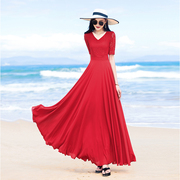 长裙到脚踝超长款2024夏季红色蕾丝大摆雪纺，显瘦连衣裙女拖地