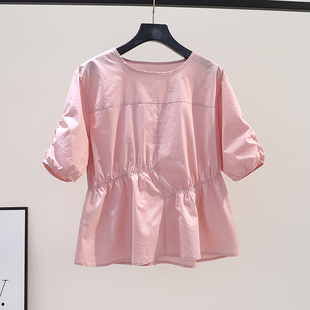 粉色棉布收腰小衫女短袖娃娃衫2024春季韩版设计感圆领宽松衬衣潮