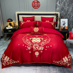 新婚庆(新婚庆)四件套，大红色全棉刺绣结婚房喜被套，六八十件套纯棉床上用品