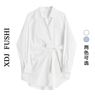 白色收腰绑带长袖衬衫裙，设计感小众，衬衣女2023韩版中长款上衣