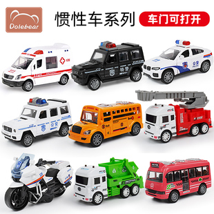 儿童玩具车惯性耐摔可开门仿真警车救护车模型，男孩校车小汽车套装