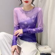 2024年春夏圆领网纱印花紫色长袖T恤女洋气百搭显瘦修身薄款上衣