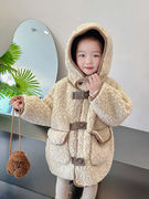 女童冬季加绒加厚毛毛衣(毛，毛衣)洋气女宝宝中长款一体绒保暖冬装外套