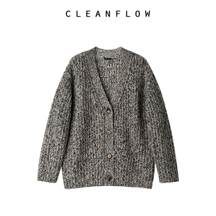 cleanflow米石灰山羊绒粗棒针织开衫女毛衣长袖，牛角扣宽松外套