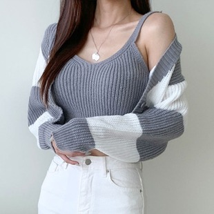 韩国chic秋冬减龄复古气质设计感两件套加厚毛衣条纹短款针织套装