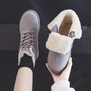 秋冬季加绒加厚雪地靴棉鞋短靴女鞋平跟学生短筒系带马丁靴女靴子