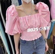 韩版小众气质泡泡袖锁骨方领短款甜美修身系带衬衣女2024夏季