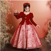 儿童礼服主持钢琴演出服女童礼裙酒红色洋气小女孩公主裙日常可穿