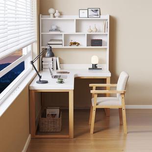 实木转角书桌书架一体L型电脑桌家用办公桌卧室靠窗拐角学习桌椅