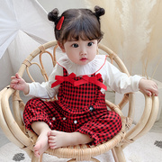 2020韩版童装女宝宝长袖连体衣，婴儿衣服春秋，纯棉背带裤两件套装红