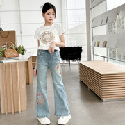 新中式女童套装春夏装2024儿童夏季短袖女孩国风牛仔裤两件套