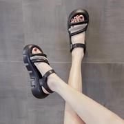 gg。香港罗马凉鞋，女真皮2024年春季厚底，增高时尚露趾水钻松糕