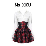 msxidu复古红格子半身裙衬衣，套装收腰显瘦撞色拼接高腰蓬蓬半裙