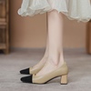 羊皮拼色小香风单鞋，女2024春季粗跟浅口法式拼接中跟高跟鞋子