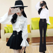套装韩版白色荷叶长袖职业女装，衬衫女修身百搭黑色，微喇叭长裤女潮