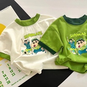 2024韩版童装绿色白色时髦洋气，纯棉t恤短袖，卡通印花潮