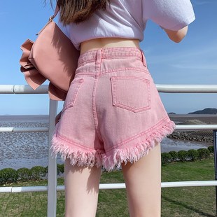 韩国粉红色高腰牛仔短裤女夏季高街ins潮毛边宽松a字显瘦热裤