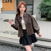 美拉德咖色pu皮衣外套女短款2024韩版设计感小个子机车服夹克