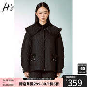 hs奥莱2022冬季女装商场，同款黑色绗缝，娃娃翻领蝴蝶结棉衣外套