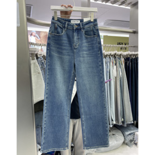 62717浅蓝色窄版牛仔拖地裤女欧货高腰弹力，垂感直筒长裤